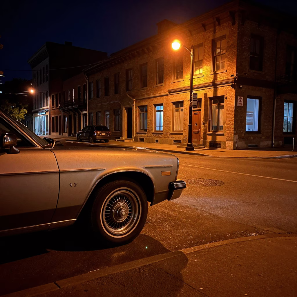 Late Night Montreal Street Scene with Vintage Car and Neon Reflections in in Montreal, Quebec, Canada