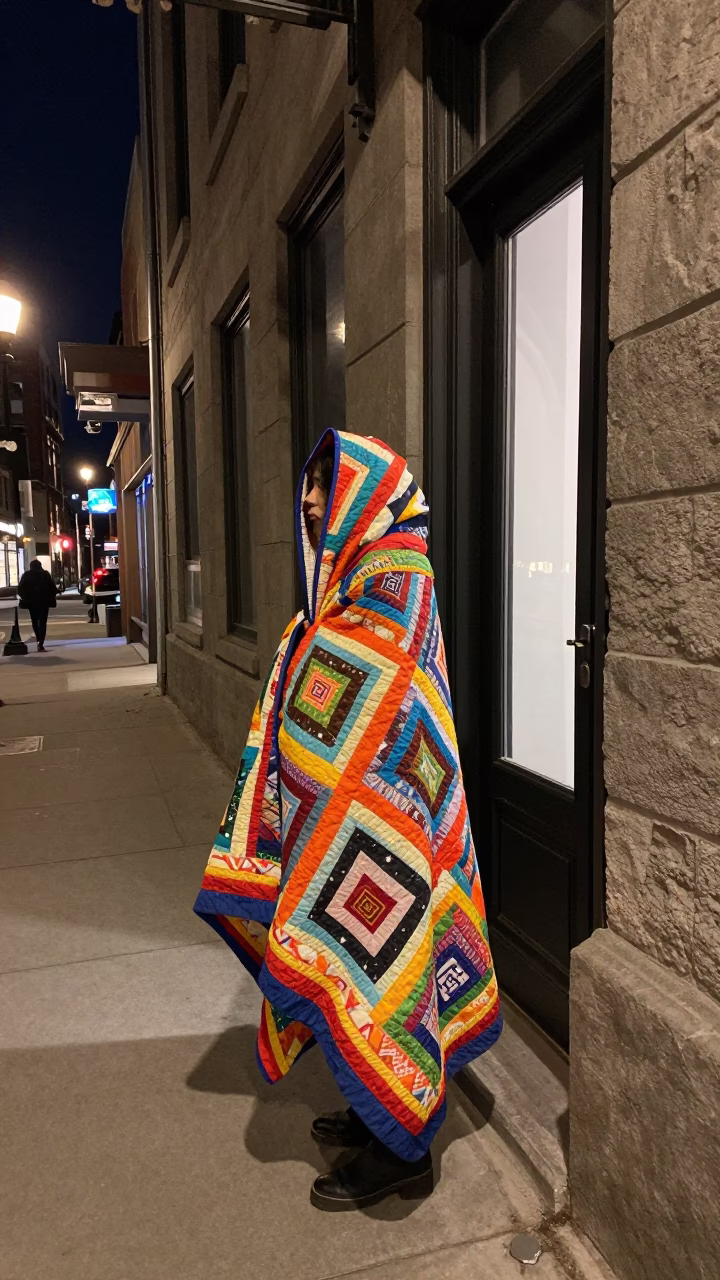 Late Night Montreal Street Scene with Vintage Quilt and Urban Details in in Montreal, Quebec, Canada