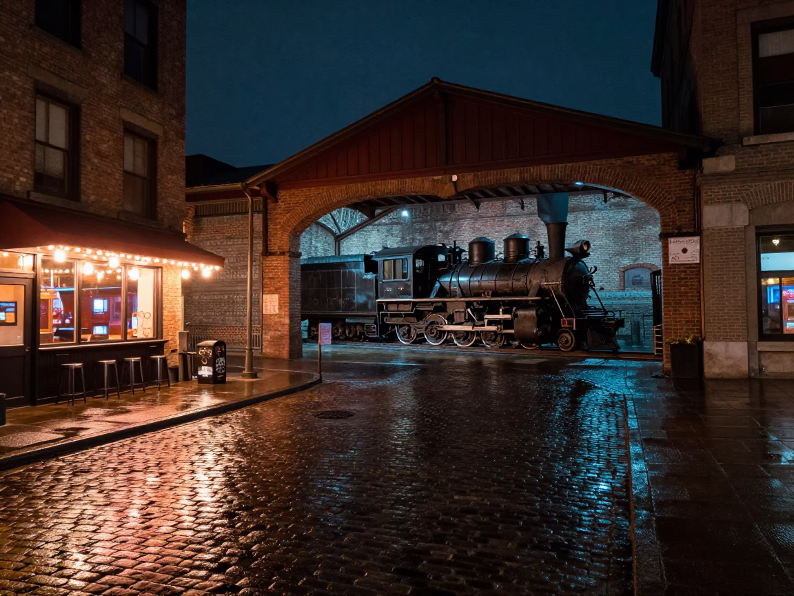 Late Night Montreal Street Scene with Vintage Train Shed and Urban Details in in Montreal, Quebec, Canada