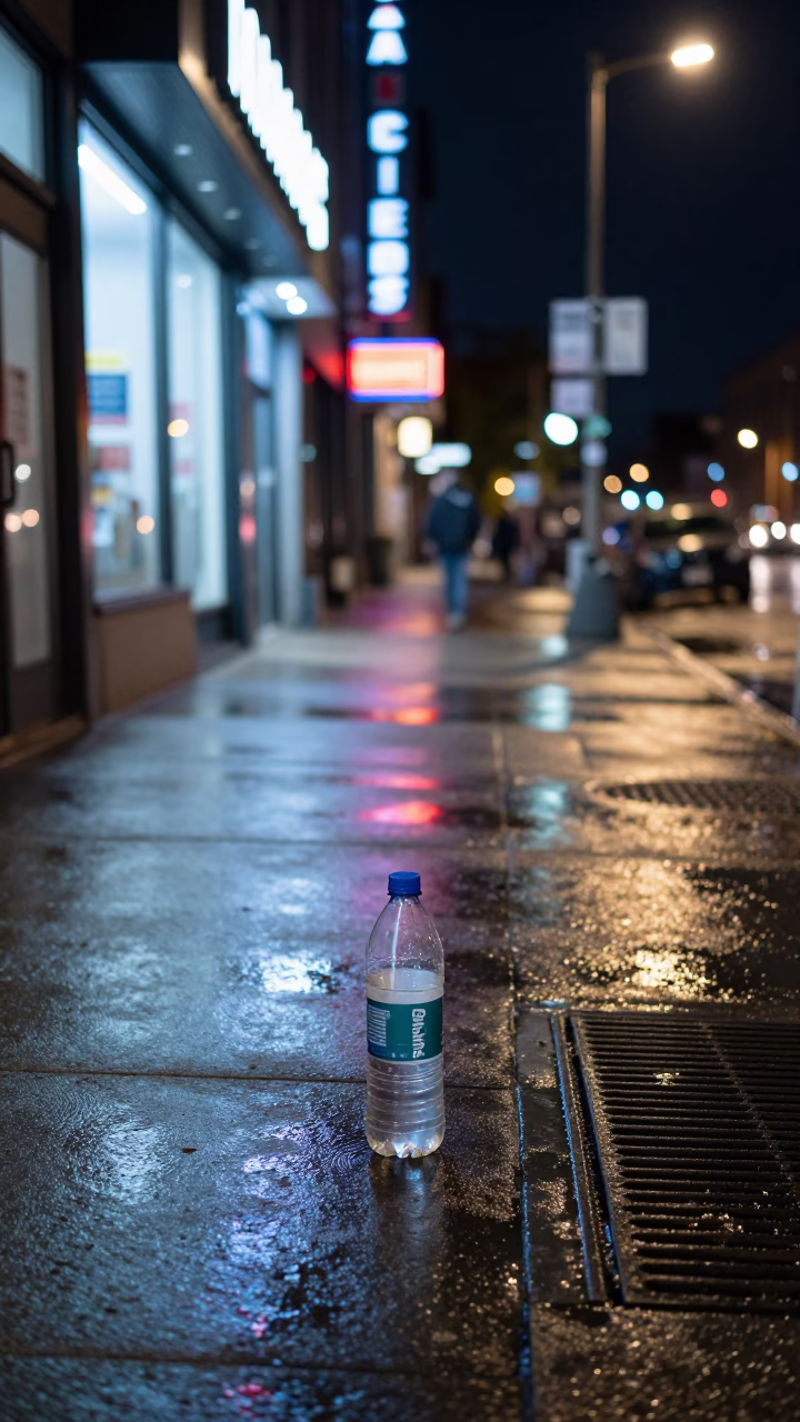 Late Night Montreal Street Scene with Watering Bottle on Concrete Sidewalk in in Montreal, Quebec, Canada