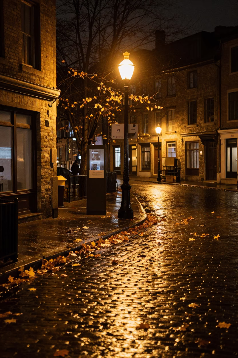 Late Night Montreal Street Scene with Wet Leaves and Urban Architecture in in Montreal, Quebec, Canada
