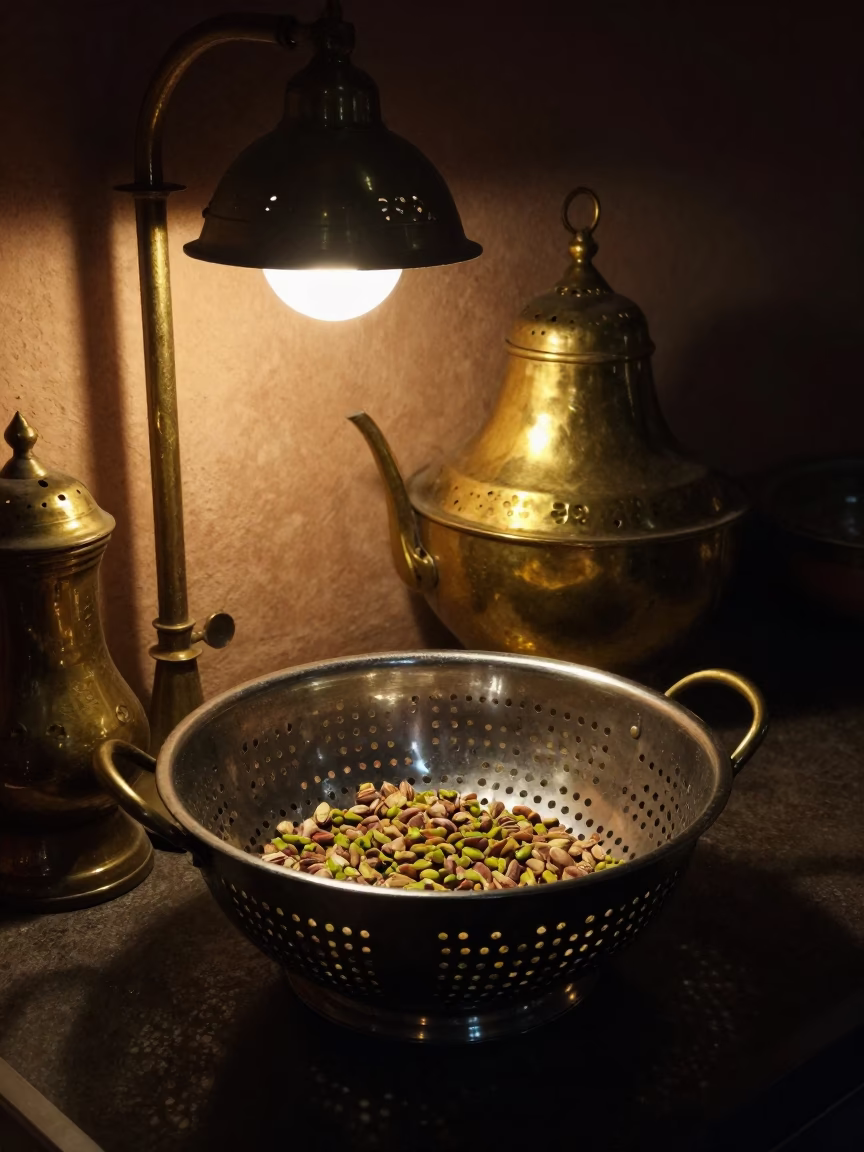 Late Night Moroccan Kitchen Scene with Brass Fixtures and Traditional Tea Strainer in Marrakech in in Marrakech, Morocco