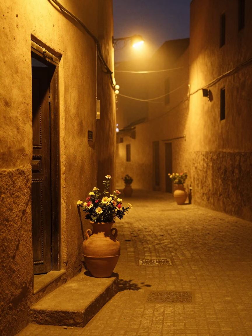 Late Night Moroccan Street Scene in Marrakech With Flowerpot and Wash Basin in in Marrakech, Morocco