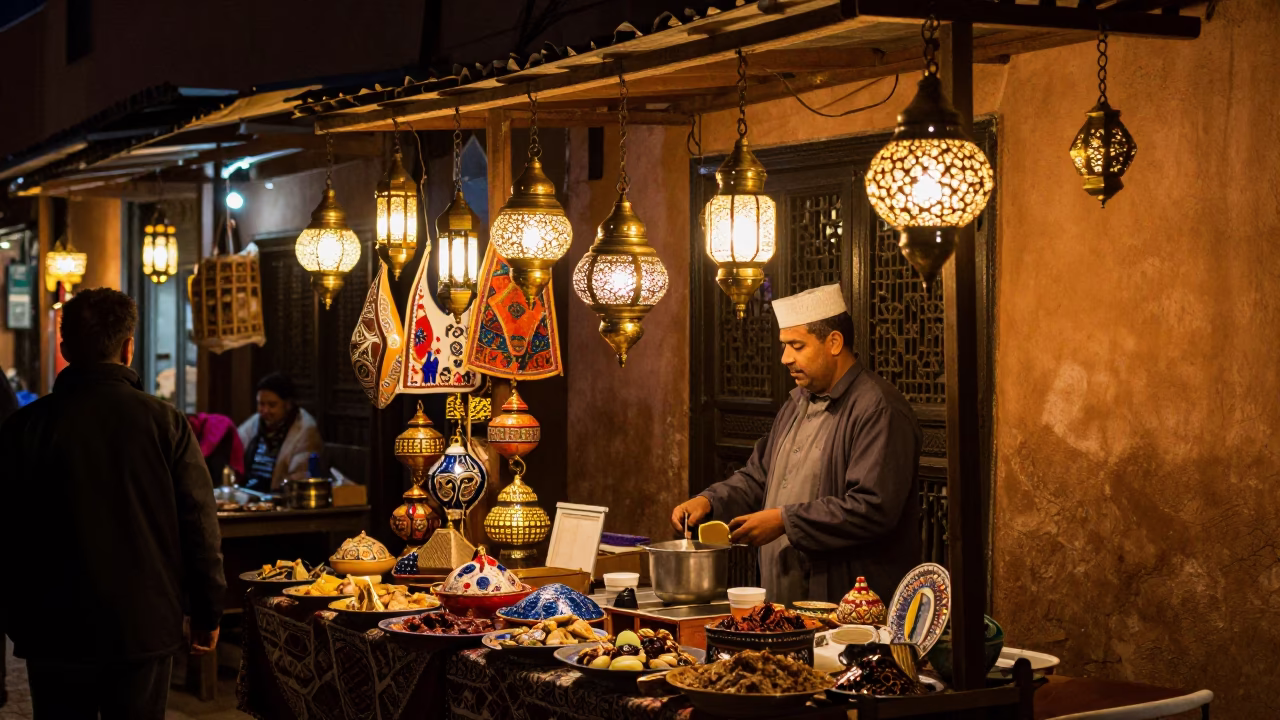 Late Night Moroccan Street Scene in Marrakech with Traditional Lanterns and Textiles in in Marrakech, Morocco