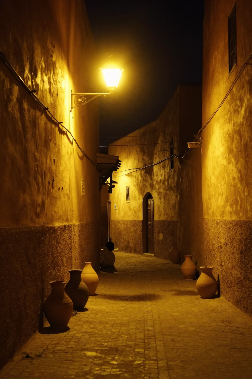 Late Night Moroccan Street Scene with Terracotta Pot and Soap Residue in in Marrakech, Morocco