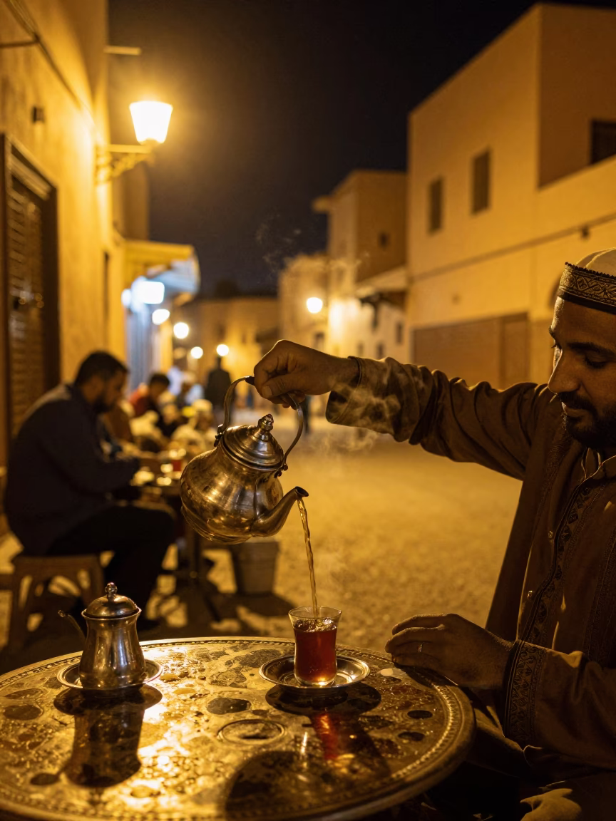 Late Night Moroccan Street Scene with Traditional Tea and Decorative Decanter in Marrakech in in Marrakech, Morocco