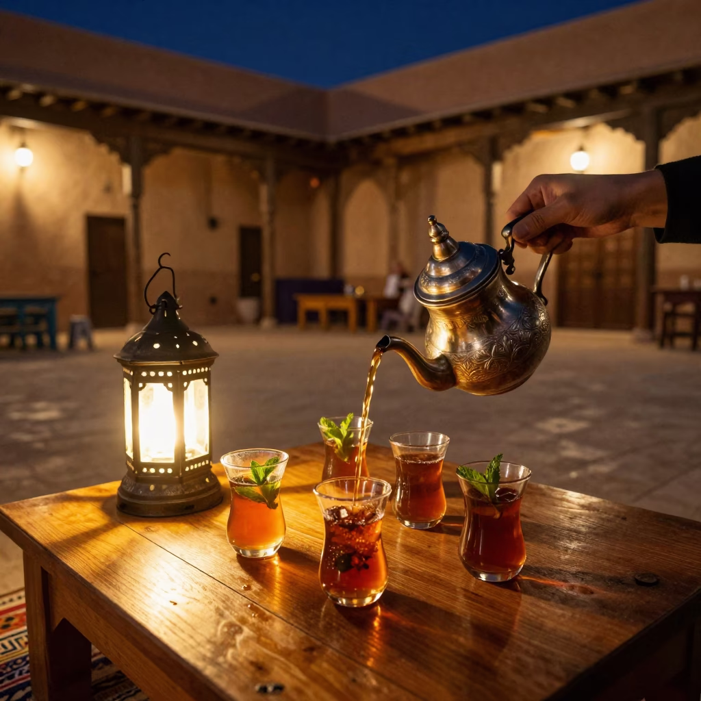 Late Night Moroccan Tea Service in Fez Old Medina Courtyard in in Fez, Morocco