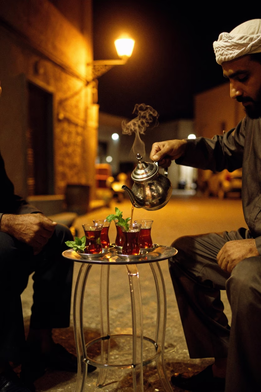 Late Night Moroccan Tea Service with Glass Stool and Linen Fringe in Fez Medina in in Fez, Morocco