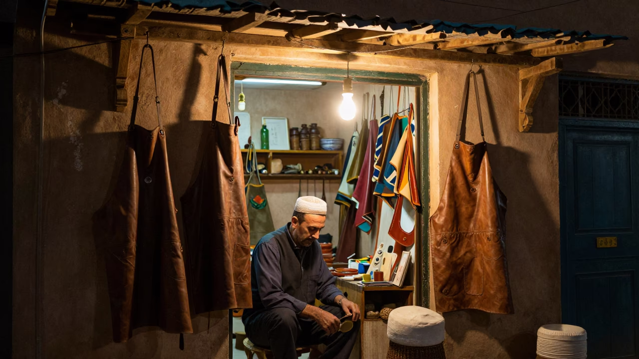Late Night Moroccan Workshop in Fez With Hanging Aprons And Twine On Tile Grout in in Fez, Morocco