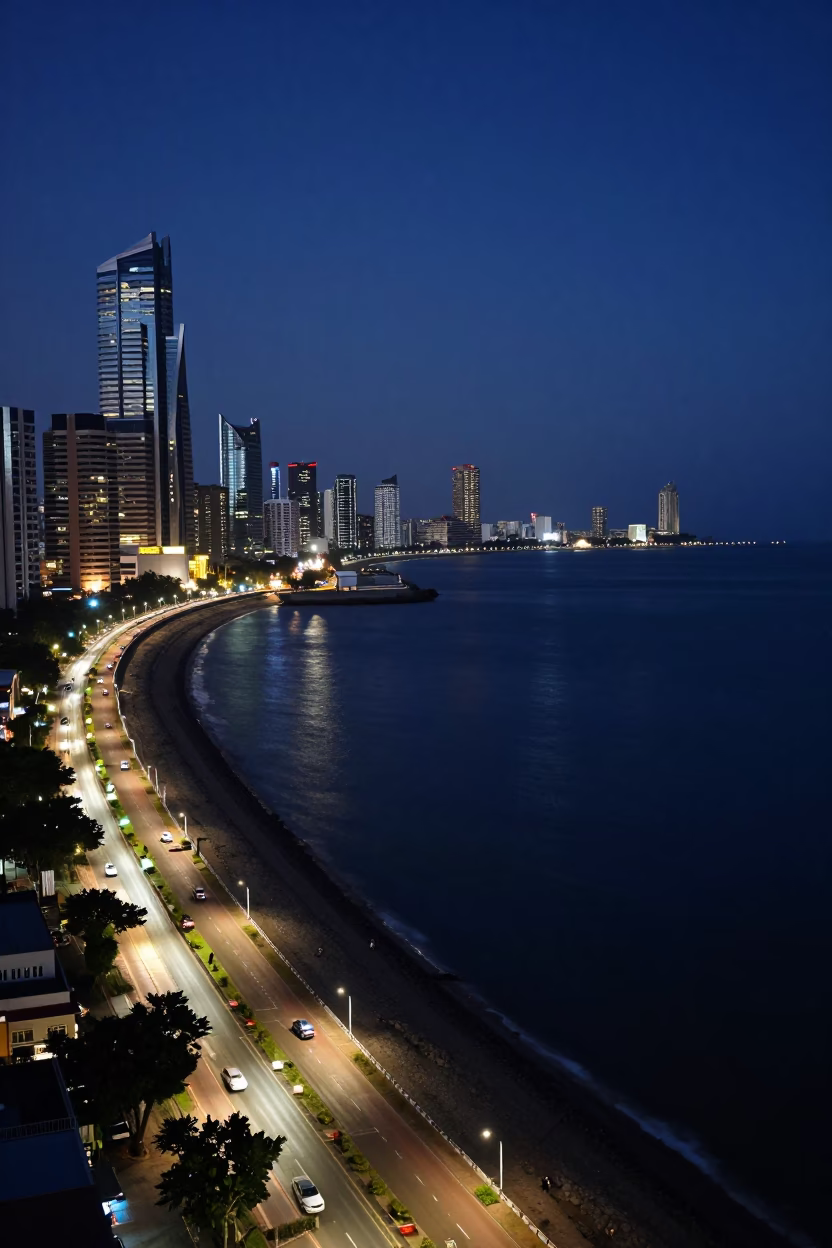 Late Night Mumbai Skyline and Arabian Sea Horizon Shot with Street Life in in Mumbai, India