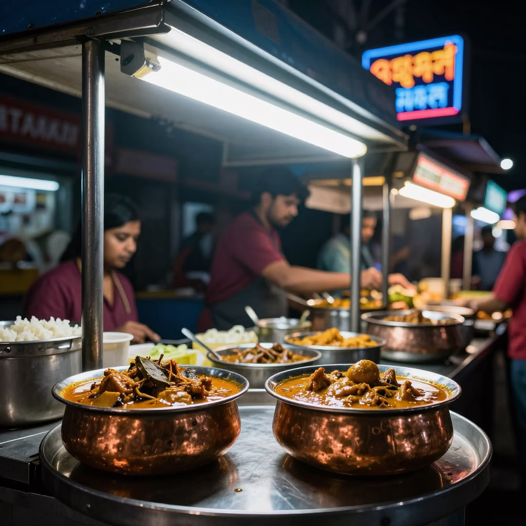 Late Night Mumbai Street Food Stall with Copper Bowls and Steam in Neon Light in in Mumbai, India