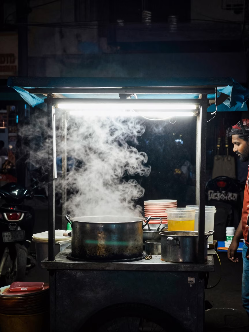 Late Night Mumbai Street Food Stall with Steam and Metal Utensils in in Mumbai, India