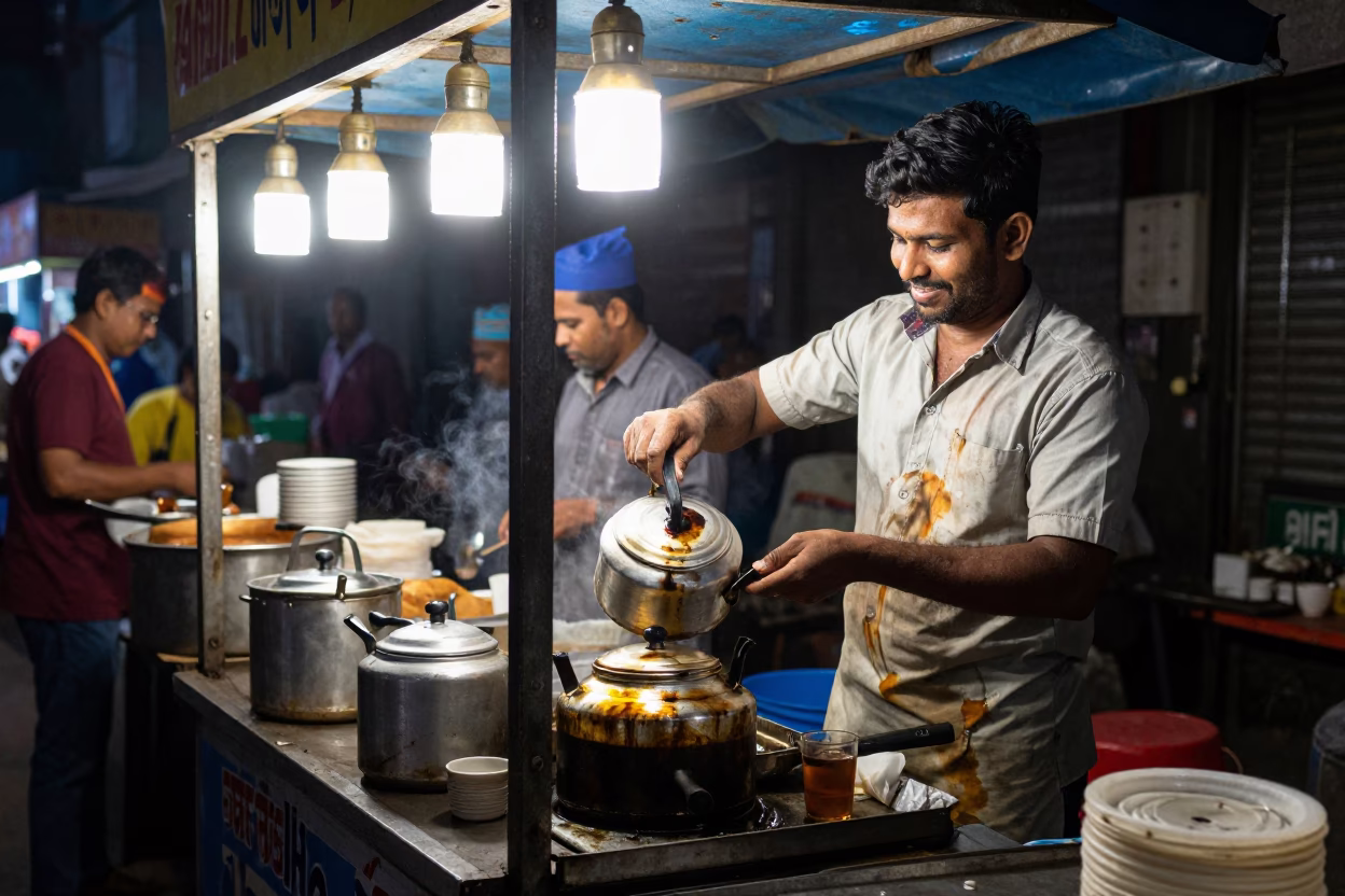 Late Night Mumbai Street Food Stall with Tea Stains and Candle Holder in in Mumbai, India
