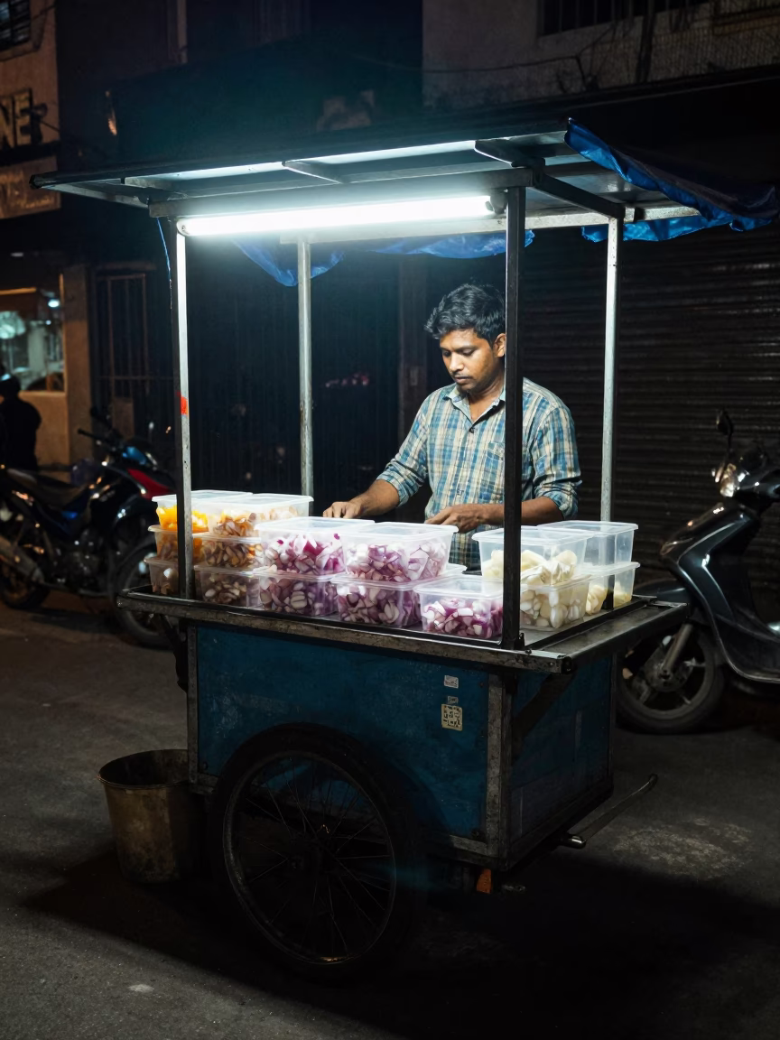 Late Night Mumbai Street Food Stall with Vendor and Plastic Containers in in Mumbai, India