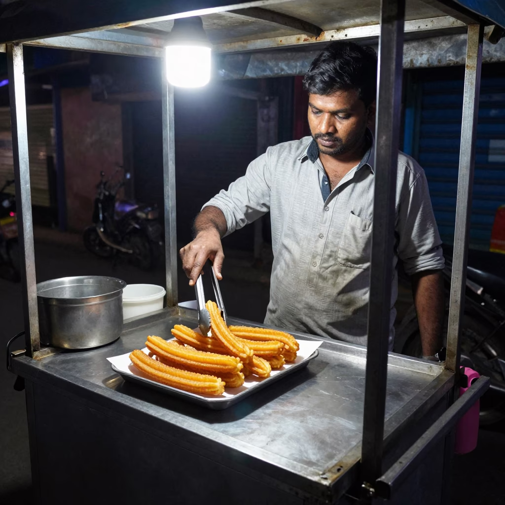 Late Night Mumbai Street Food Vendor Preparing Churros with Chocolate Sauce Under Neon Light in in Mumbai, India