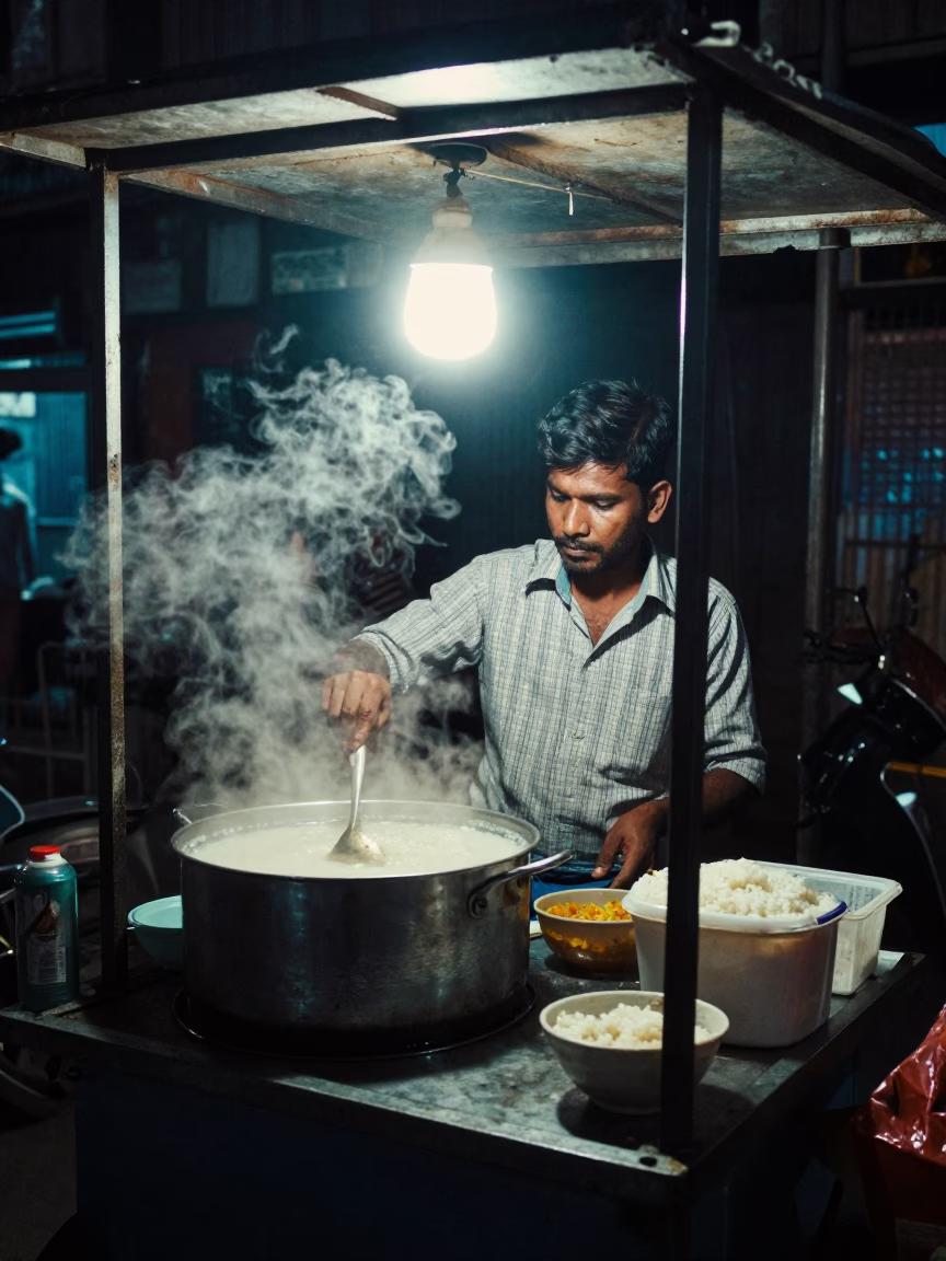 Late Night Mumbai Street Food Vendor Serving Rice Porridge with Crispy Shallots in in Mumbai, India