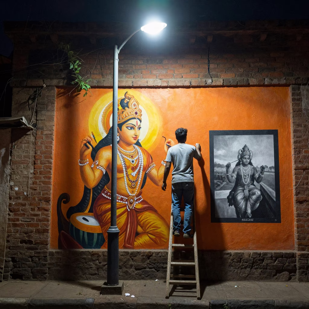 Late Night Mumbai Street Mural Painting by Local Artist in Urban India in in Mumbai, India