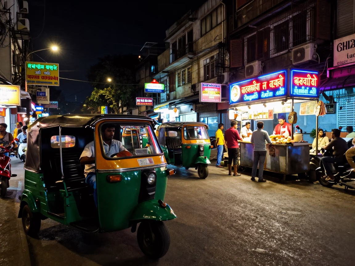 Late Night Mumbai Street Scene with Auto-Rickshaw and Neon Signs in in Mumbai, India