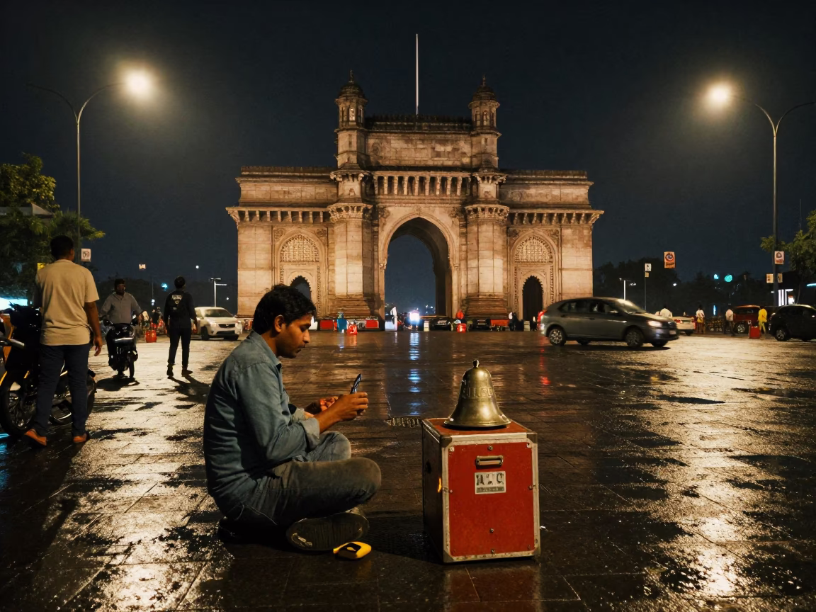 Late Night Mumbai Street Scene with Bell and Shoebox Near Gateway of India in in Mumbai, India