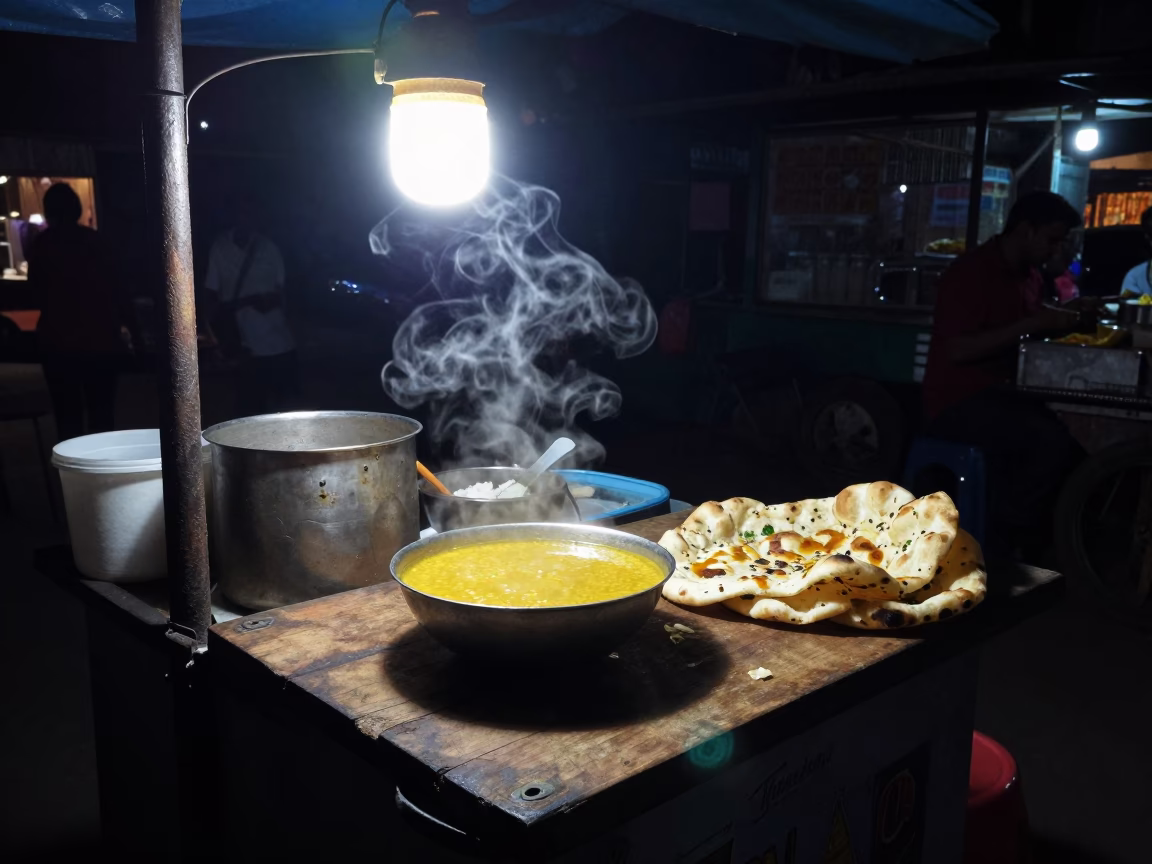 Late Night Mumbai Street Scene with Bowl of Dal and Naan in in Mumbai, India