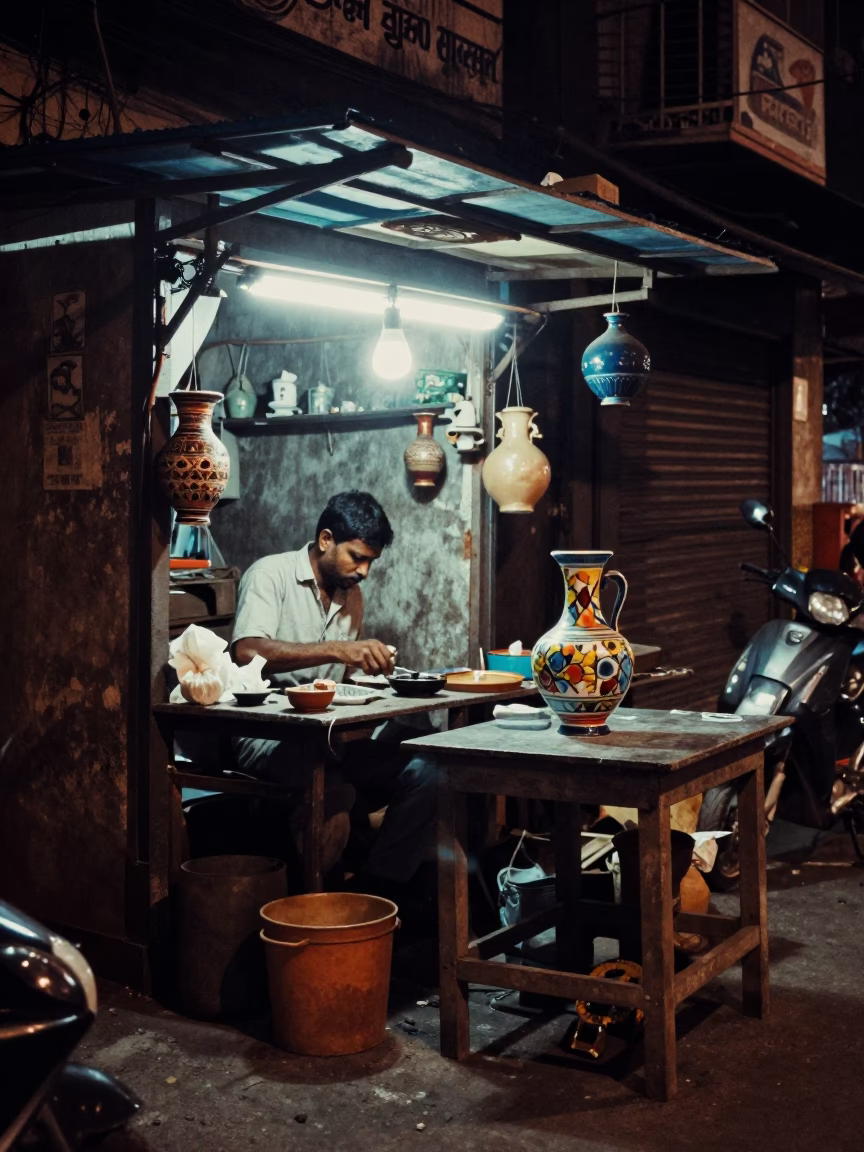 Late Night Mumbai Street Scene with Colorful Vase and Hacksaw in Workshop in in Mumbai, India