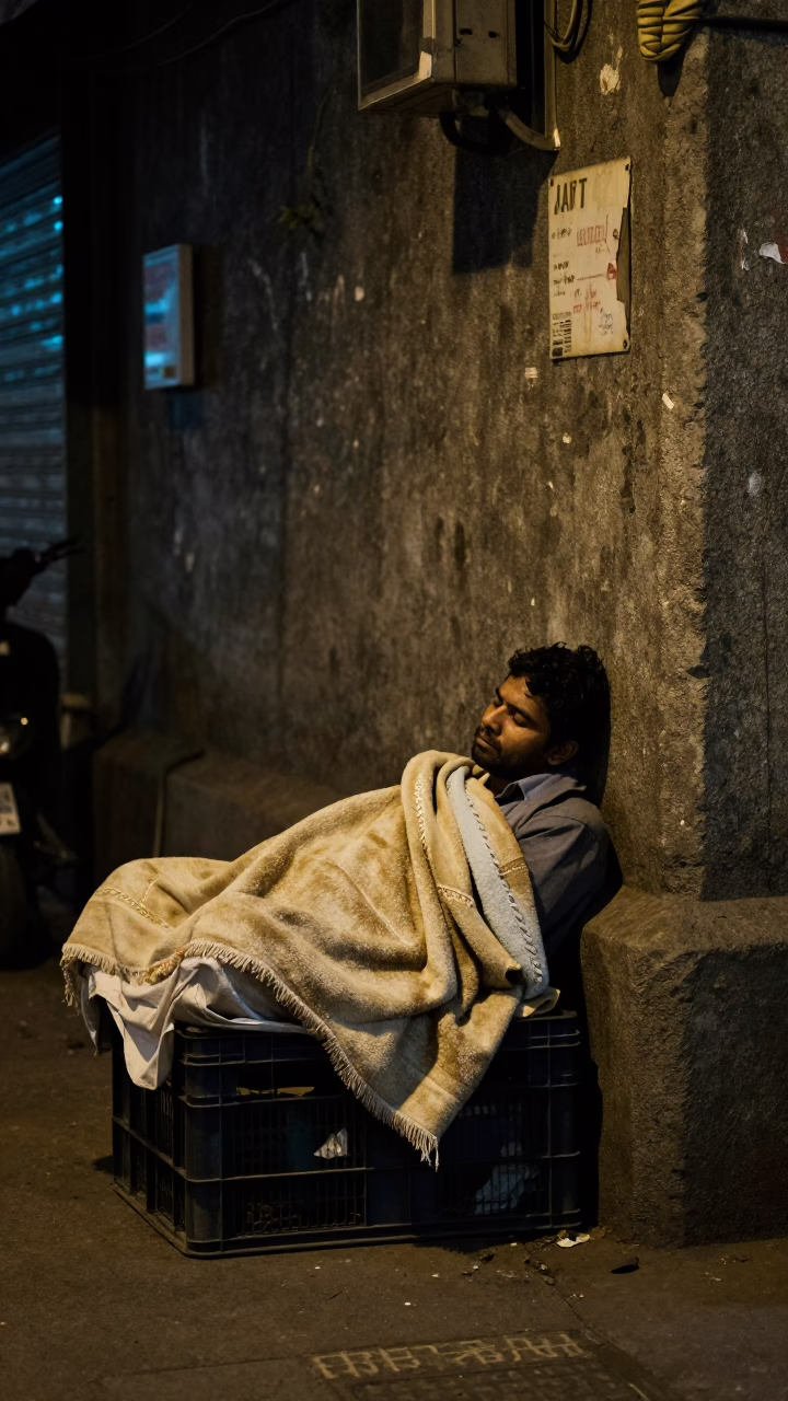 Late Night Mumbai Street Scene with Crate and Blanket Under Streetlight in in Mumbai, India