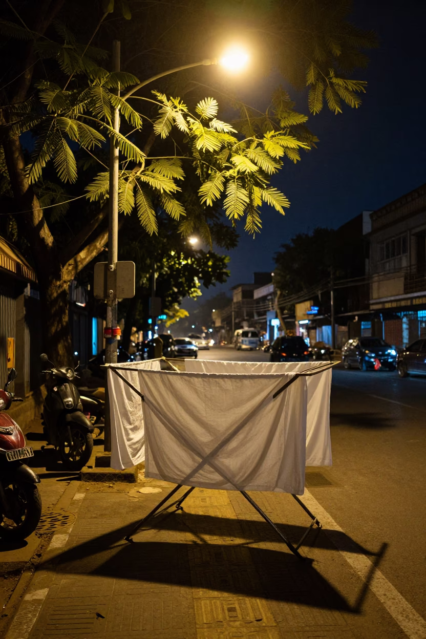 Late Night Mumbai Street Scene with Drying Rack and Tamarind Tree in in Mumbai, India