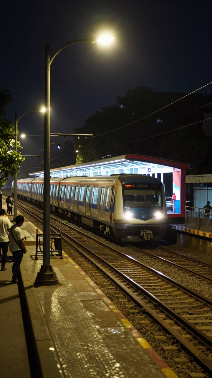 Late Night Mumbai Street Scene with Metro Train and Urban Construction in in Mumbai, India
