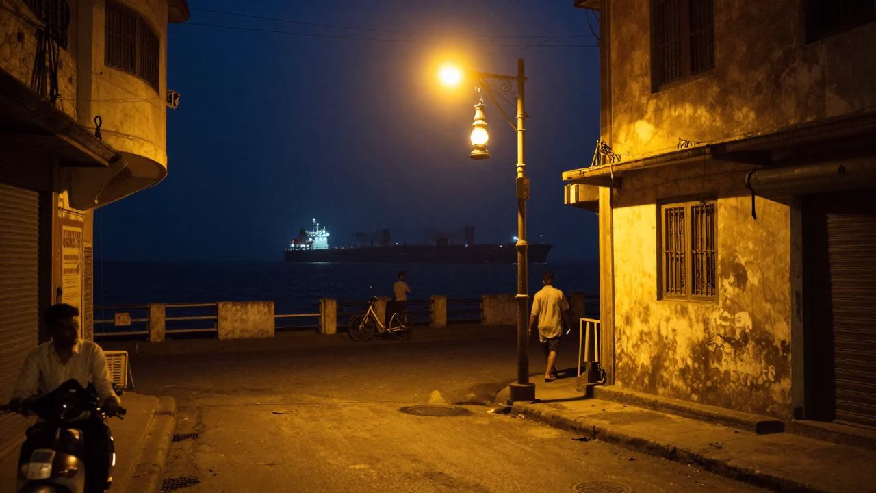 Late Night Mumbai Street Scene with Oil Lamp and Cargo Ship Horizon in in Mumbai, India