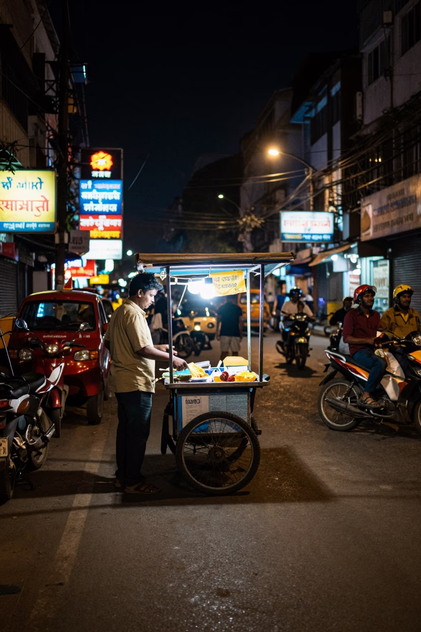 Late Night Mumbai Street Scene with Shoebox and Urban Activity in in Mumbai, India