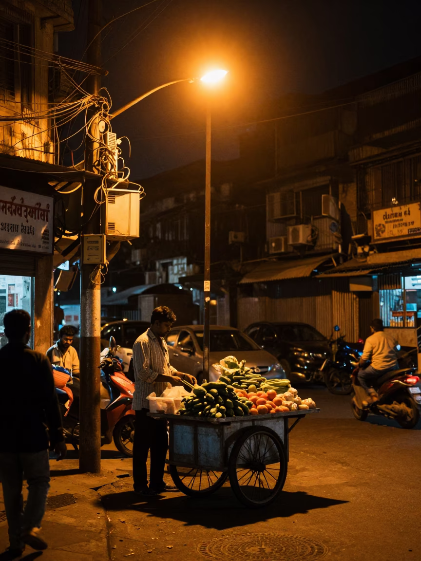Late Night Mumbai Street Scene with Sodium Lamp Illumination and Urban Activity in in Mumbai, India