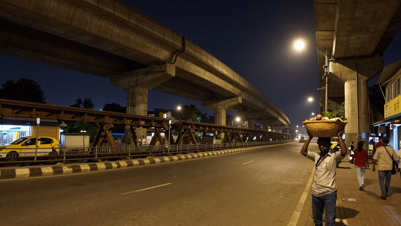 Late Night Mumbai Street Scene with Train Trestle and Pomegranate Vendor in in Mumbai, India