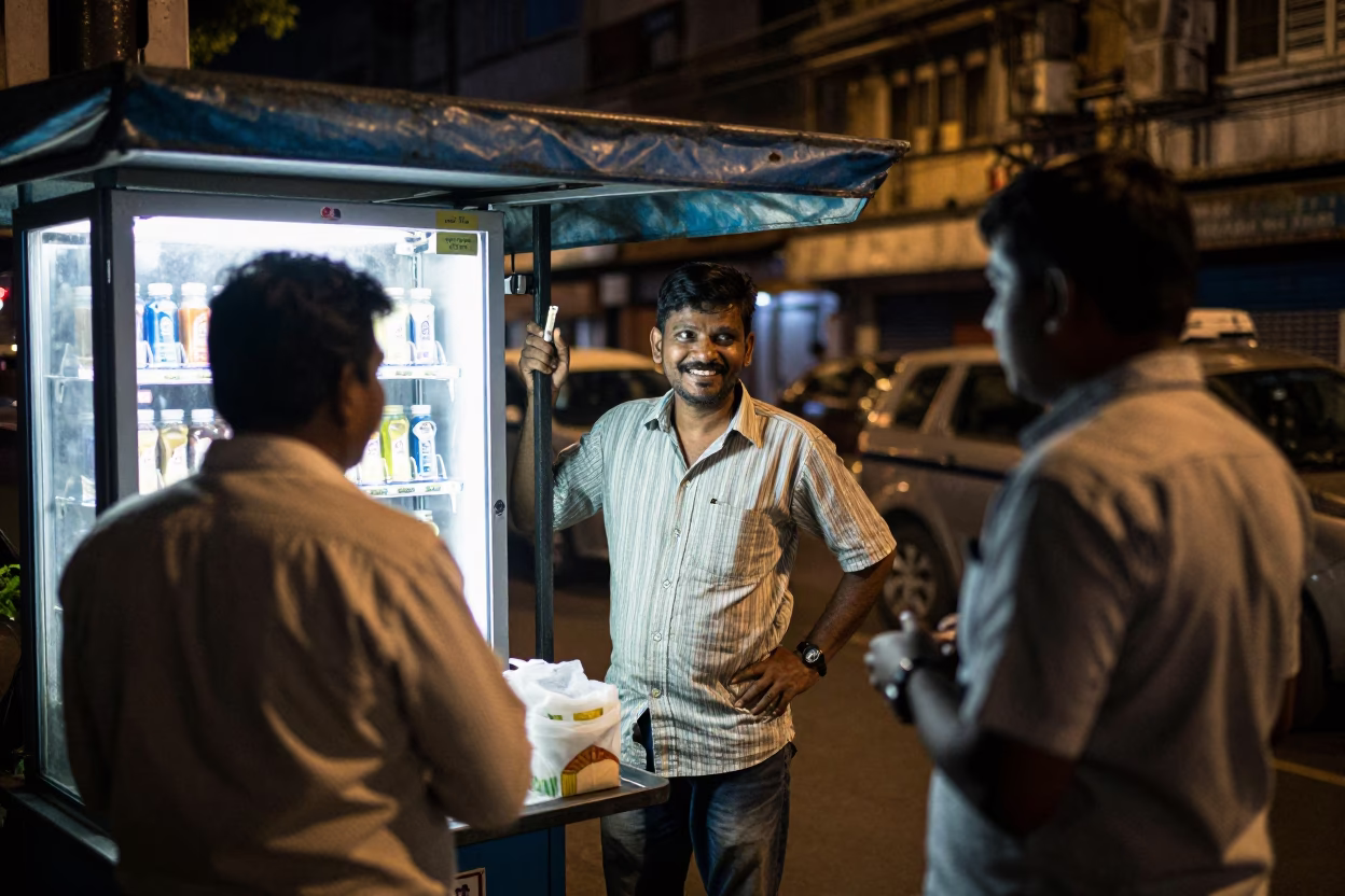 Late Night Mumbai Street Scene with Vending Cart and Local Life in in Mumbai, India