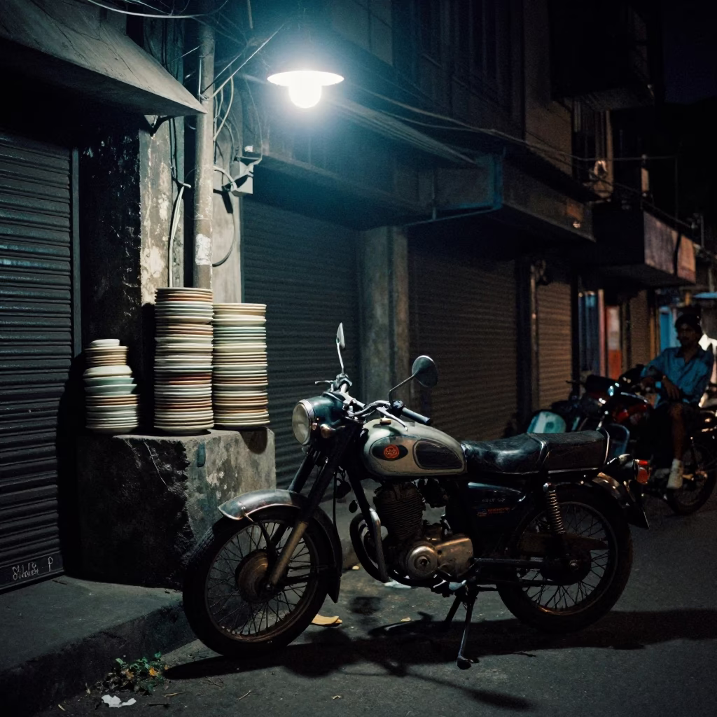 Late Night Mumbai Street Scene with Vintage Motorcycle and Ceramic Plates in in Mumbai, India