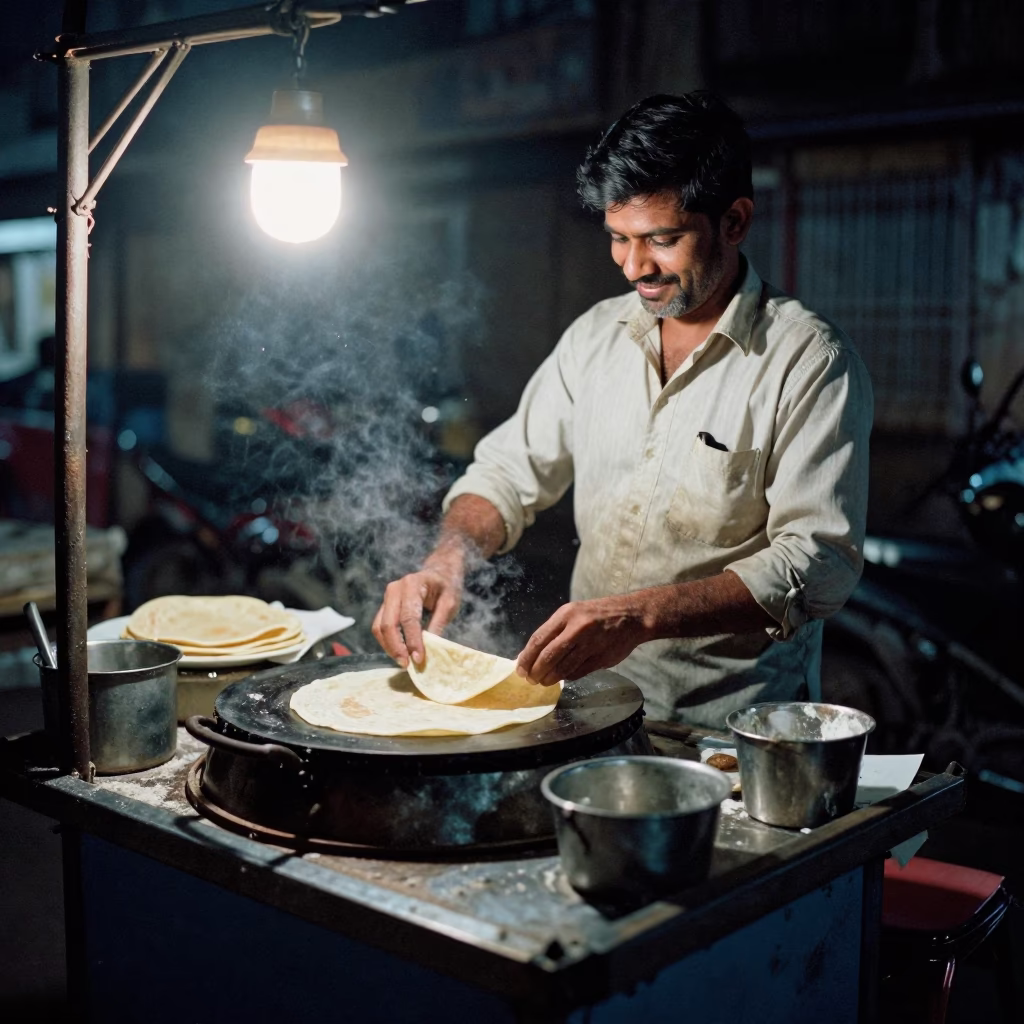 Late Night Mumbai Street Vendor Cooking Fresh Chapatis with Flour and Steel Utensils in in Mumbai, India