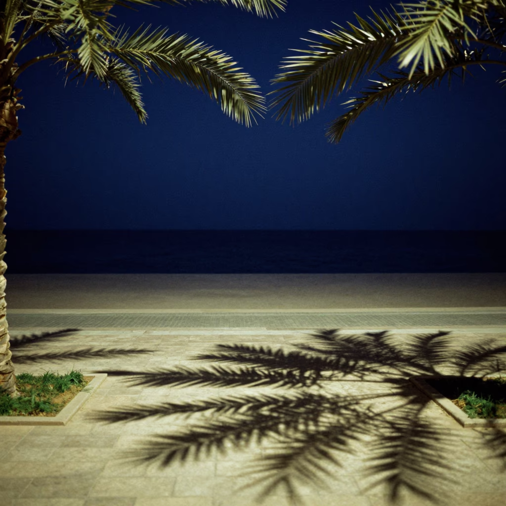 Late Night Muscat Coastline With Palm Shadows And Distant City Lights in in Muscat, Oman