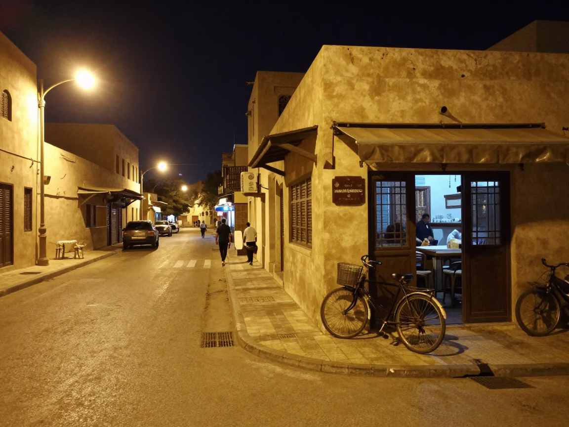 Late Night Muscat Street Scene with Bicycle and Local Nightlife in in Muscat, Oman