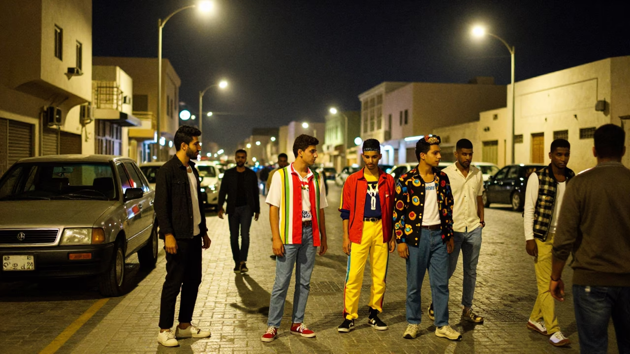 Late Night Muscat Street Scene with Colorful 90s Fashion and Local Life in in Muscat, Oman