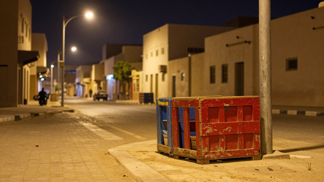 Late Night Muscat Street Scene with Colorful Crate and Local Interaction in in Muscat, Oman