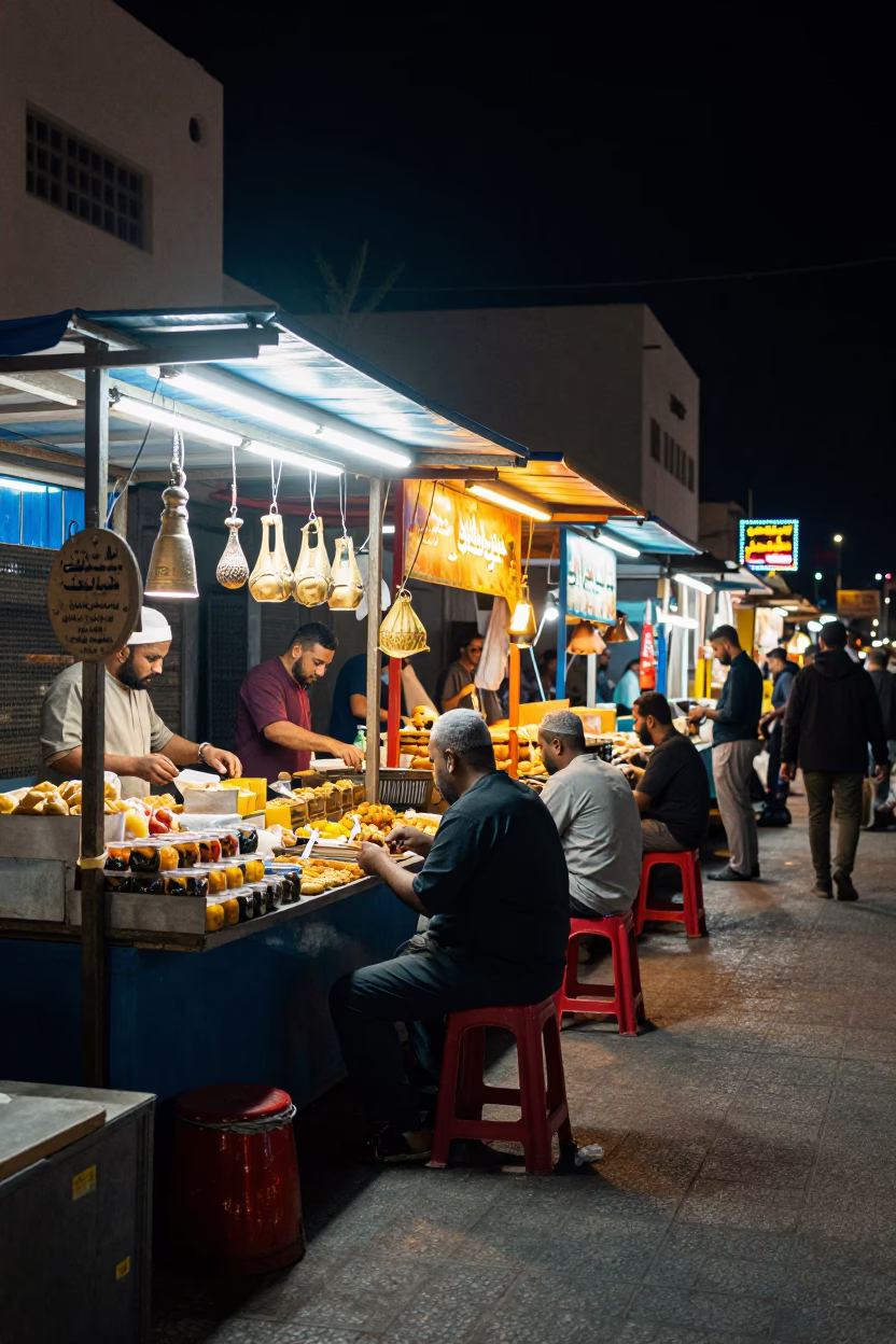 Late Night Muscat Street Scene with Colorful Vendor Stall and Neon Lights in Oman in in Muscat, Oman