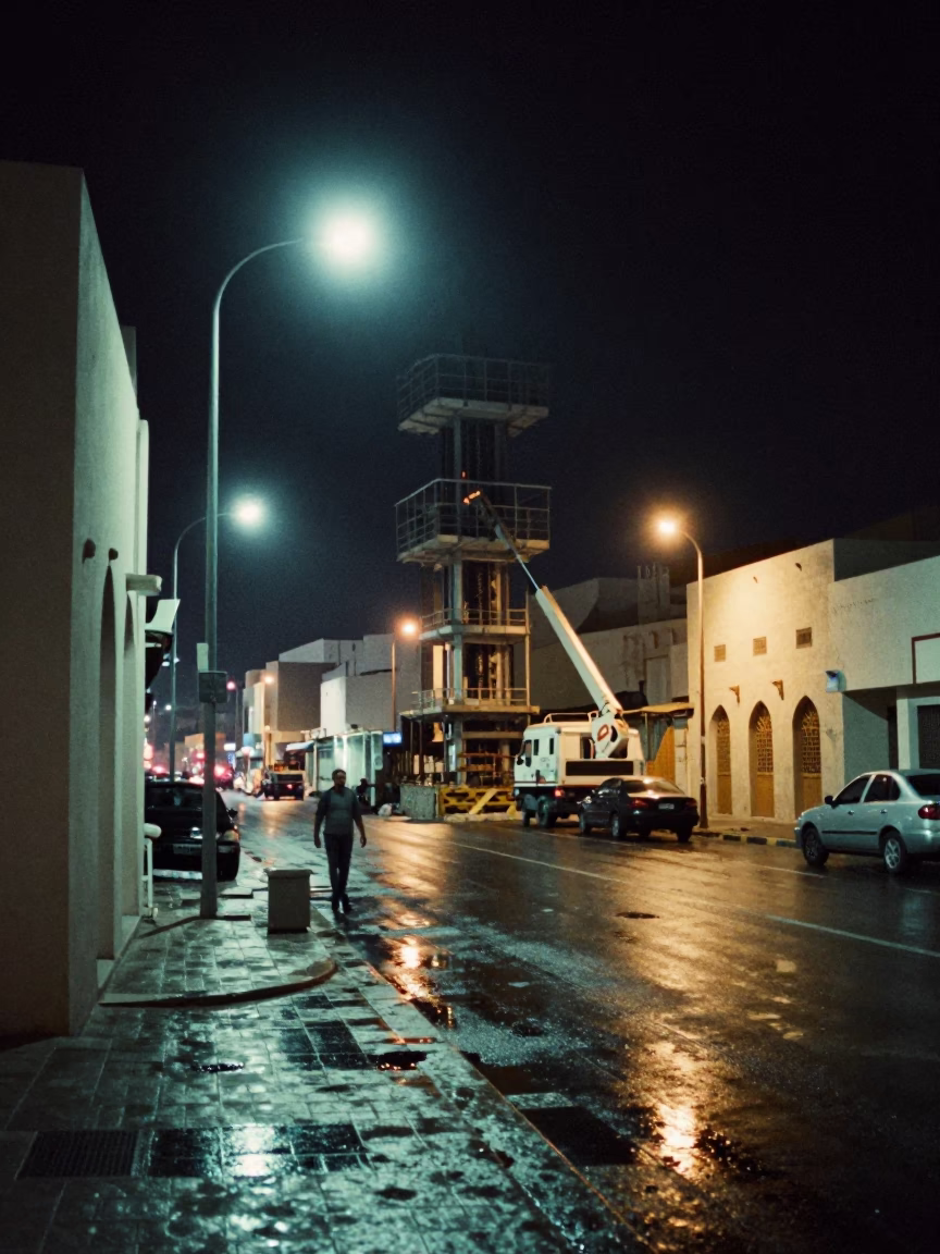 Late Night Muscat Street Scene with Construction Elevator and Urban Life in in Muscat, Oman