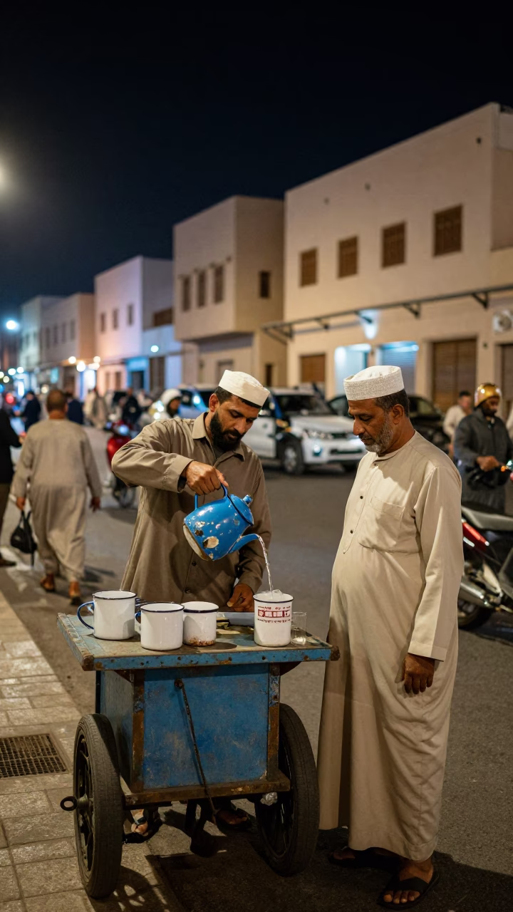 Late Night Muscat Street Scene with Enamel Pitcher and Local Interaction in in Muscat, Oman