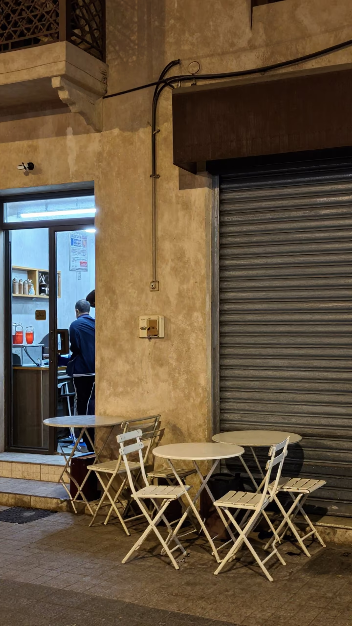 Late Night Muscat Street Scene with Folding Tables and Dusty Bench Slat in in Muscat, Oman