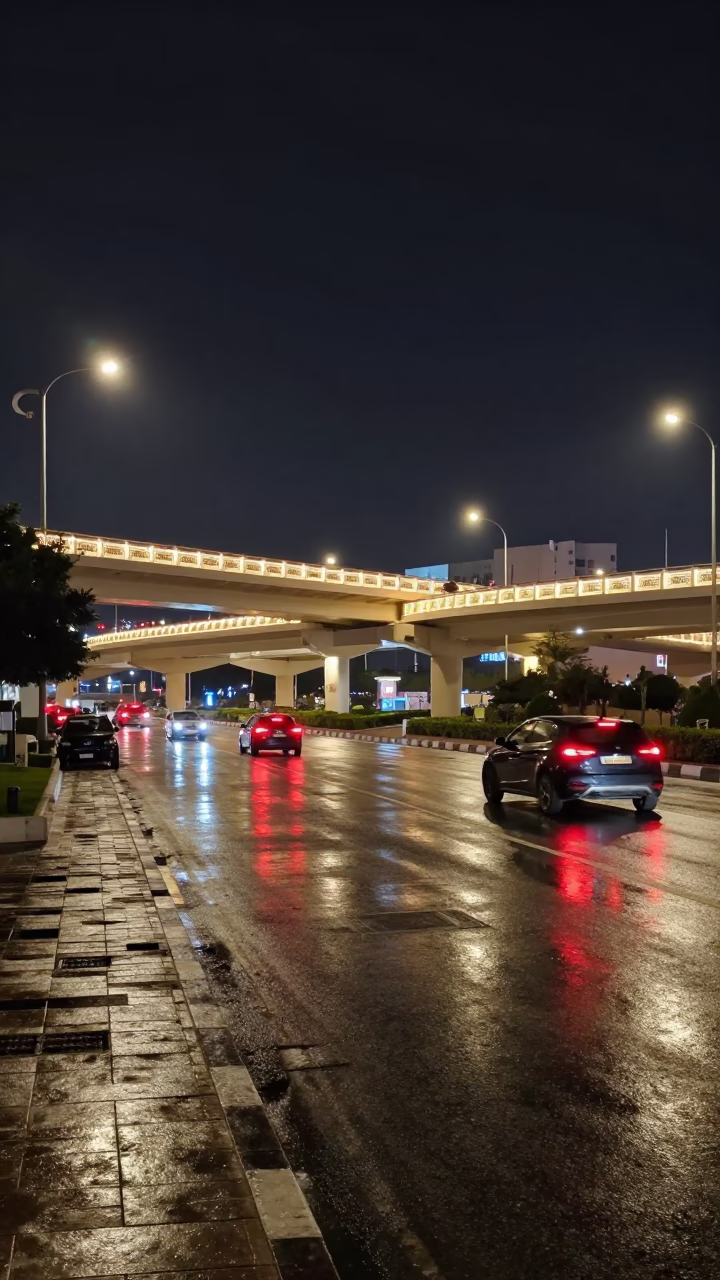 Late Night Muscat Street Scene with Glowing Overpass Interchange and Rain Reflections in Oman in in Muscat, Oman