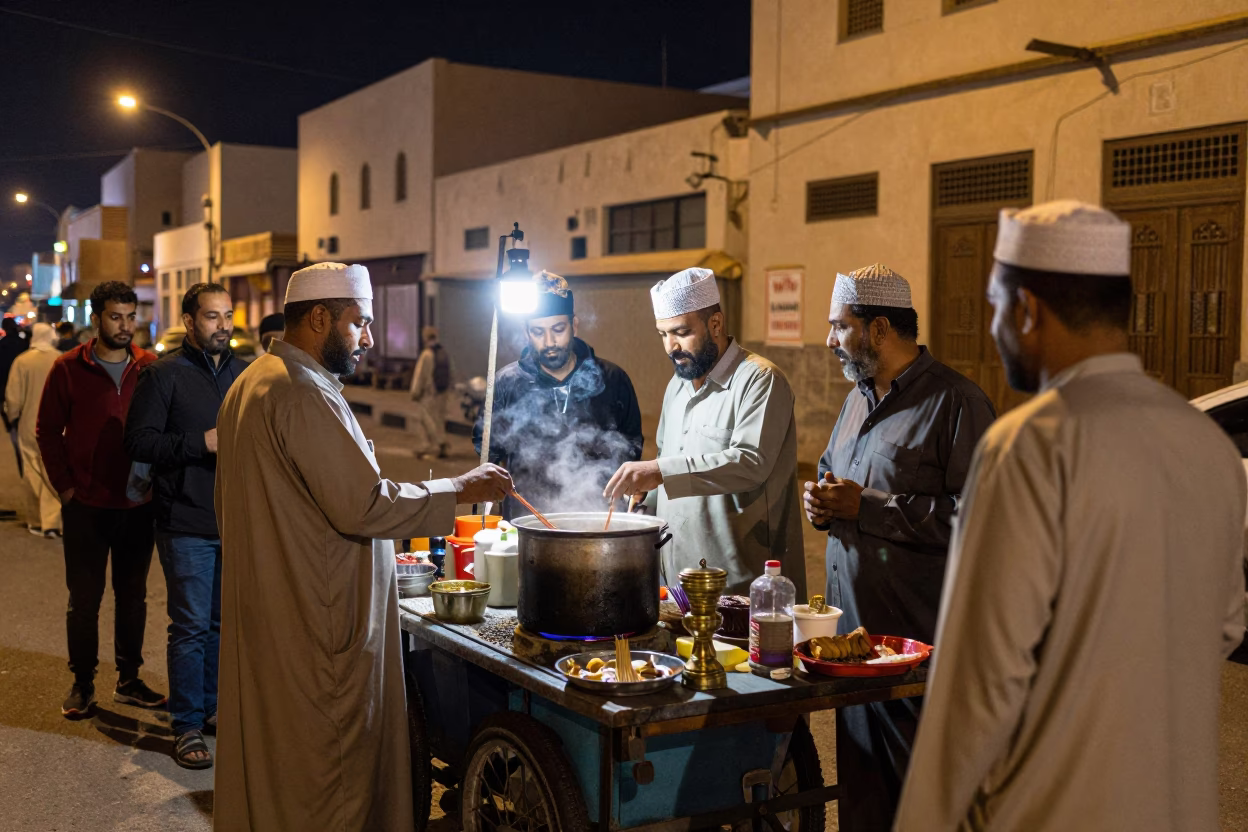 Late Night Muscat Street Scene with Incense Holder and Harbor Beacon in in Muscat, Oman