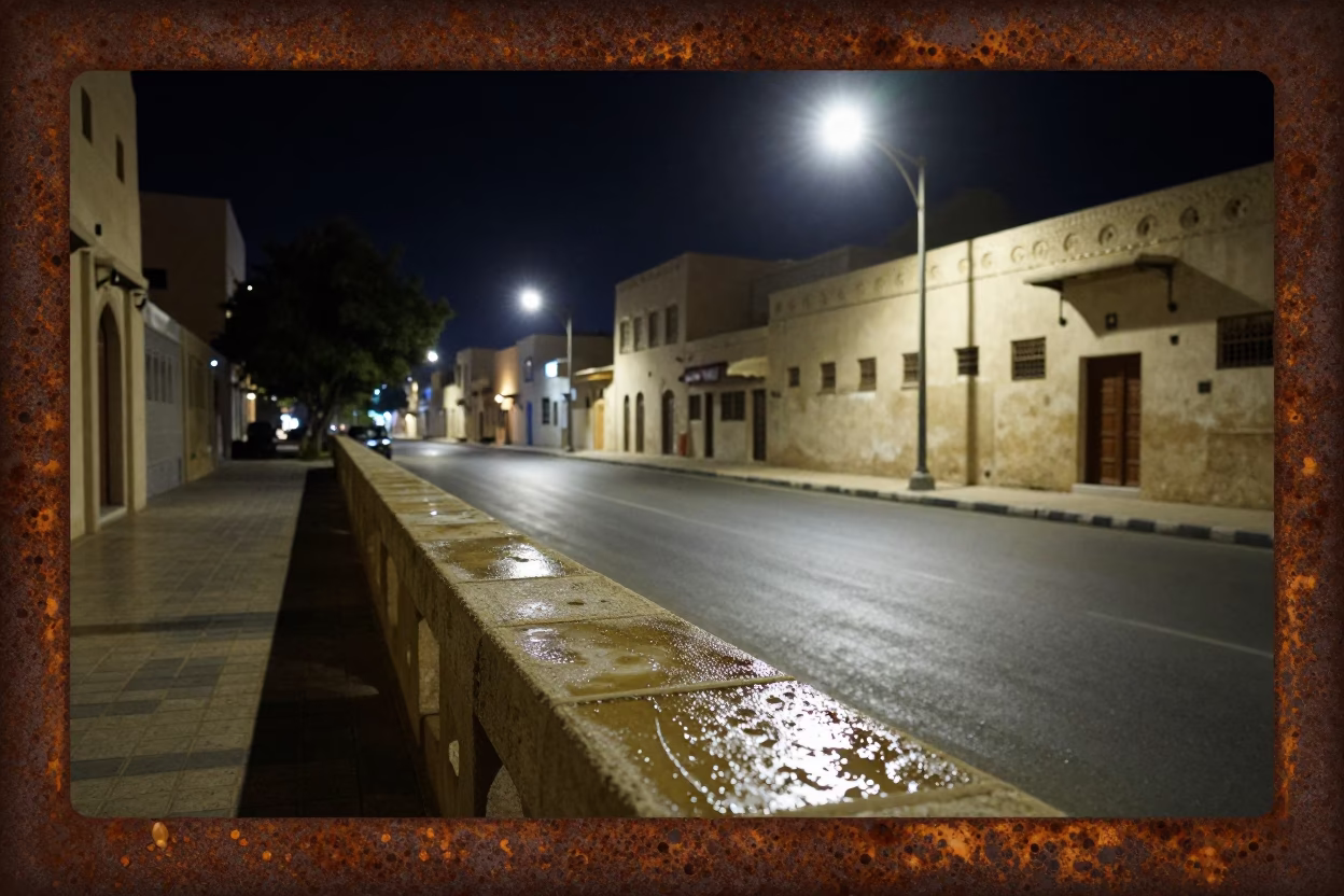 Late Night Muscat Street Scene with Rusty Frame and Water Rings on Concrete Rail in in Muscat, Oman