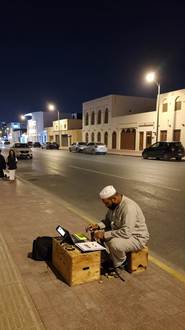 Late Night Muscat Street Scene with Seismograph Art and Twine Detail in in Muscat, Oman