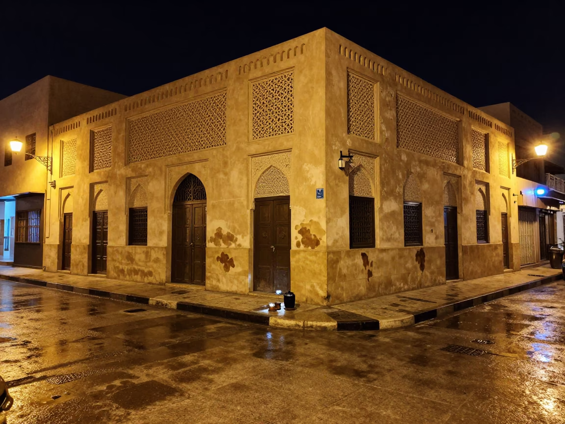 Late Night Muscat Street Scene with Tea Stains and Brushed Steel Pitcher in in Muscat, Oman