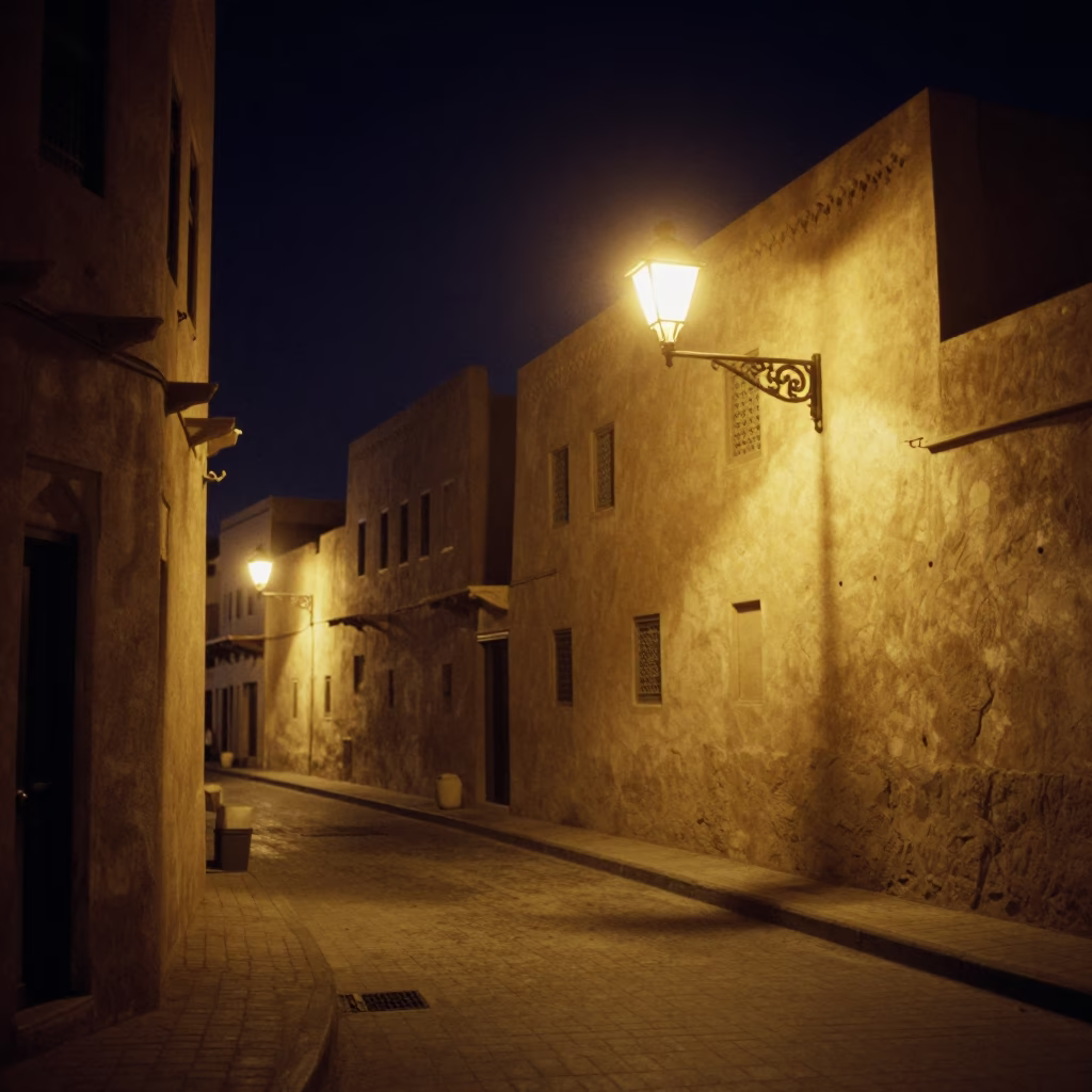 Late Night Muscat Street Scene with Traditional Architecture and Dim Lighting in in Muscat, Oman