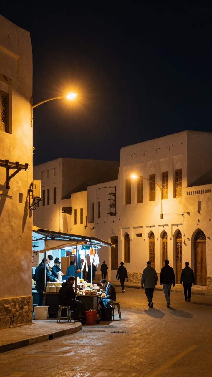 Late Night Muscat Street Scene with Traditional Architecture and Modern Lighting in in Muscat, Oman